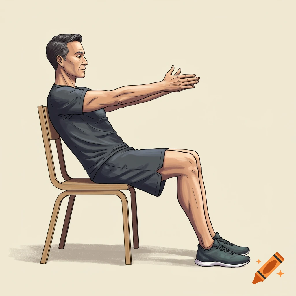 A man is sitting on a chair with his arms extended forward.