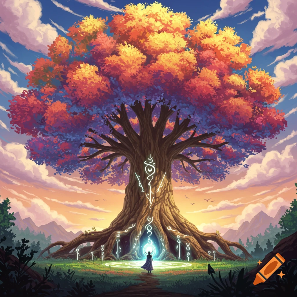 Gigantic fantasy tree with glowing symbols, a figure, and energy orb at sunset.