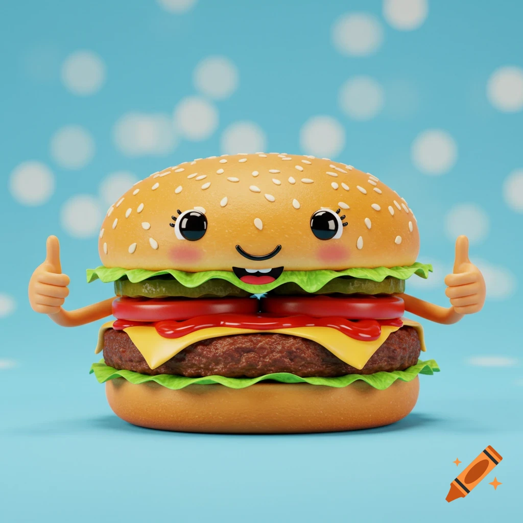 A cute cartoon burger character with a smiling face gives two thumbs up against a blue background.