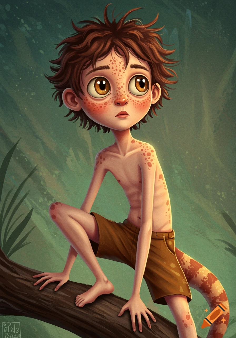 An illustrative painting of a boy with freckles and a lizard tail perched on a branch.