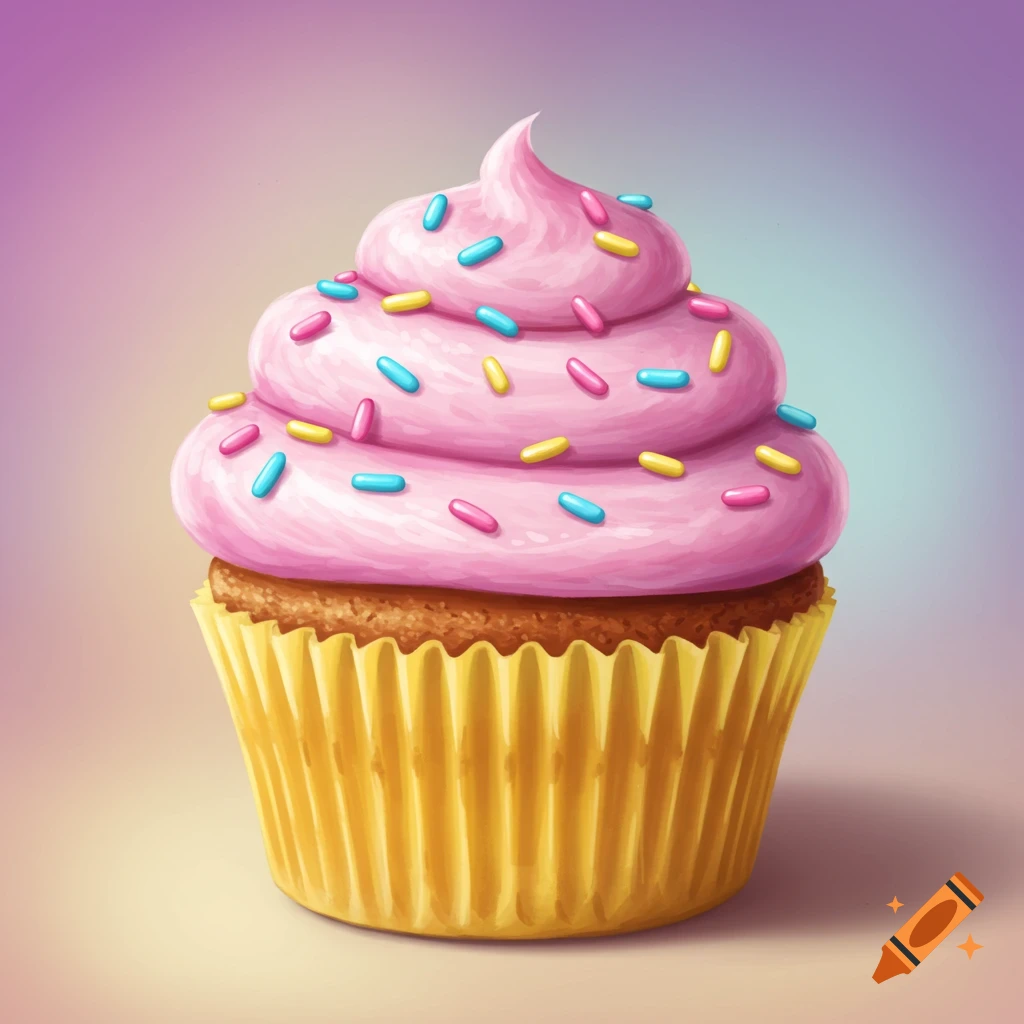 A cupcake with pink frosting and colorful sprinkles in a yellow wrapper.