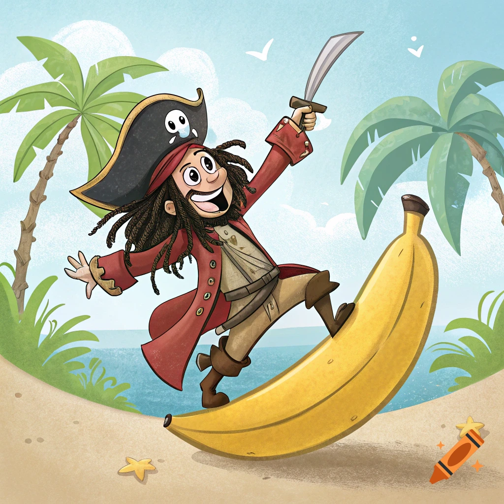 A cartoon pirate with dreadlocks surfs a giant banana on a sandy beach.
