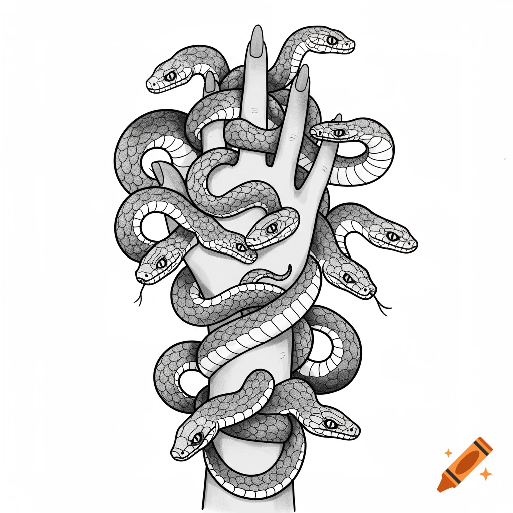 Black and white drawing of snakes coiled around a hand in a tattoo style.