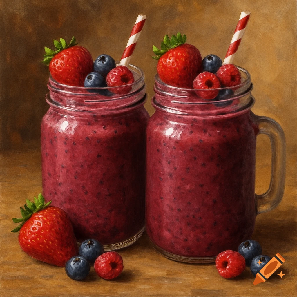 Two berry smoothies in mason jars with berries and straws, rendered in a painterly still life style.