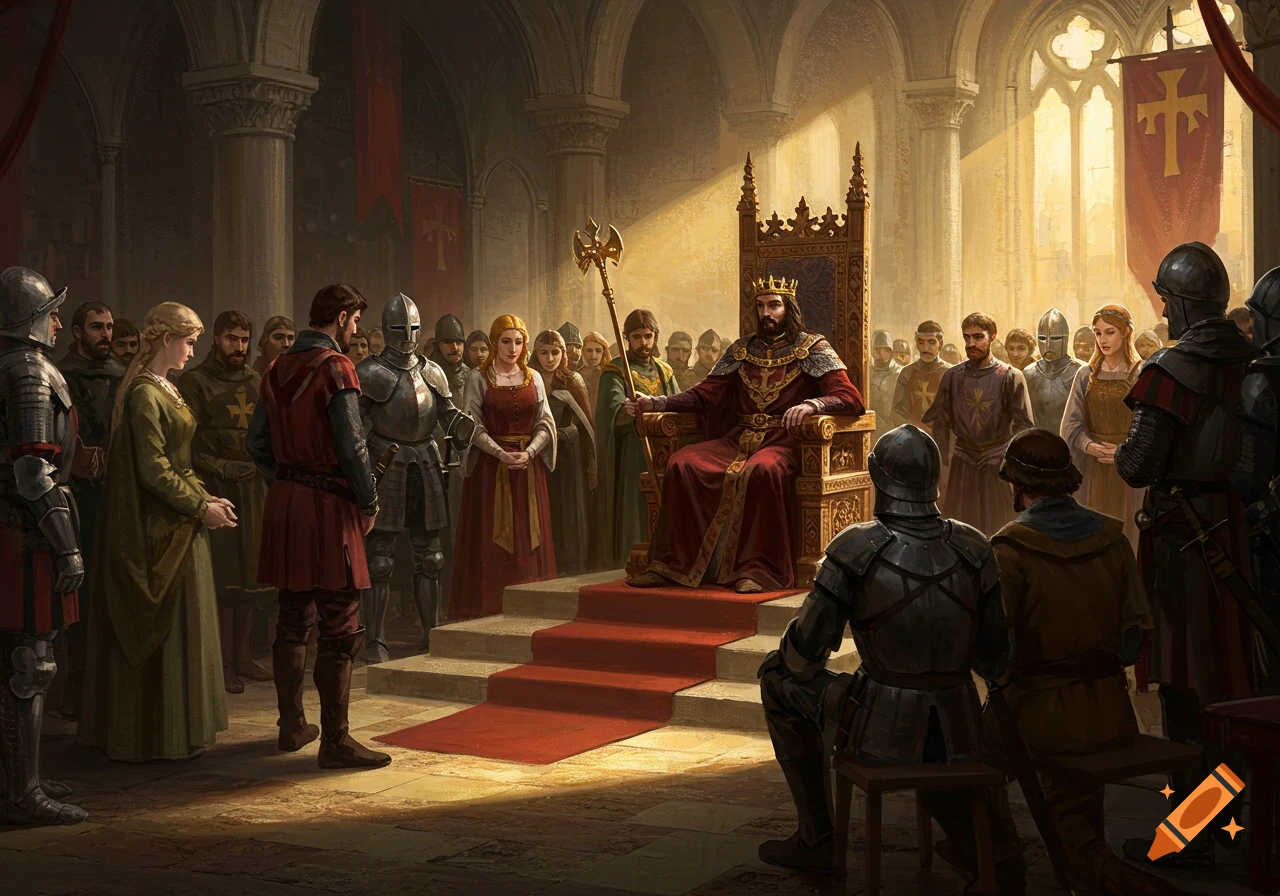 A king on a throne in a medieval court surrounded by people.