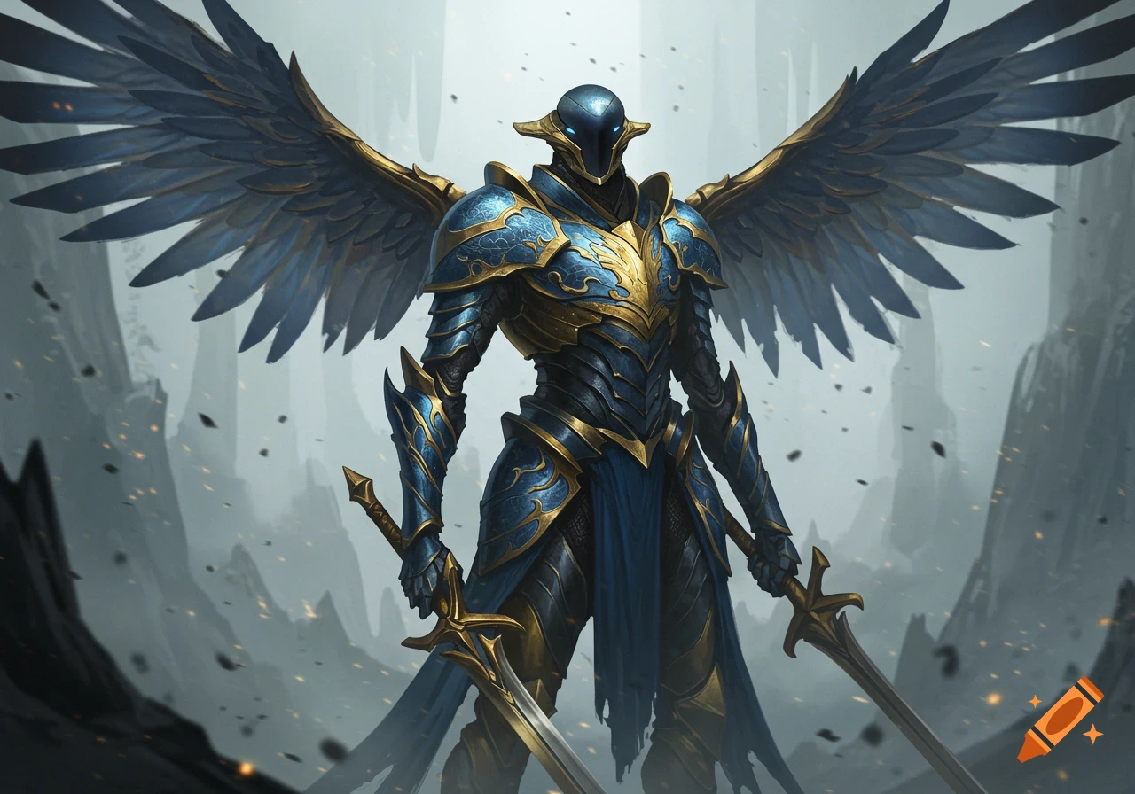 A majestic figure in sleek blue and gold winged armor holds two swords, standing in a smoky, dark landscape.