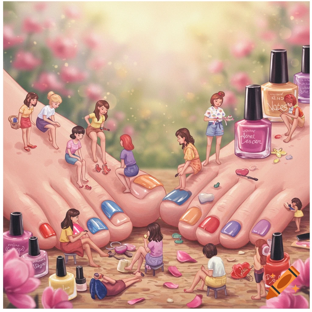 Tiny people doing a manicure on giant fingers surrounded by flowers and nail polish bottles.