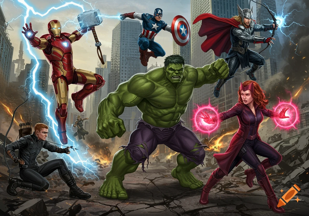 Avengers superheroes including Iron Man, Hulk, Thor, Captain America, Scarlet Witch, and Hawkeye in a battle scene in a city.