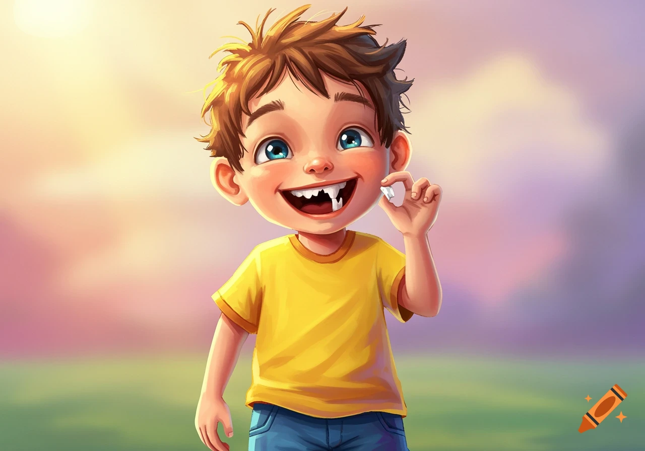 Cartoon illustration of a boy holding his missing tooth with a smile