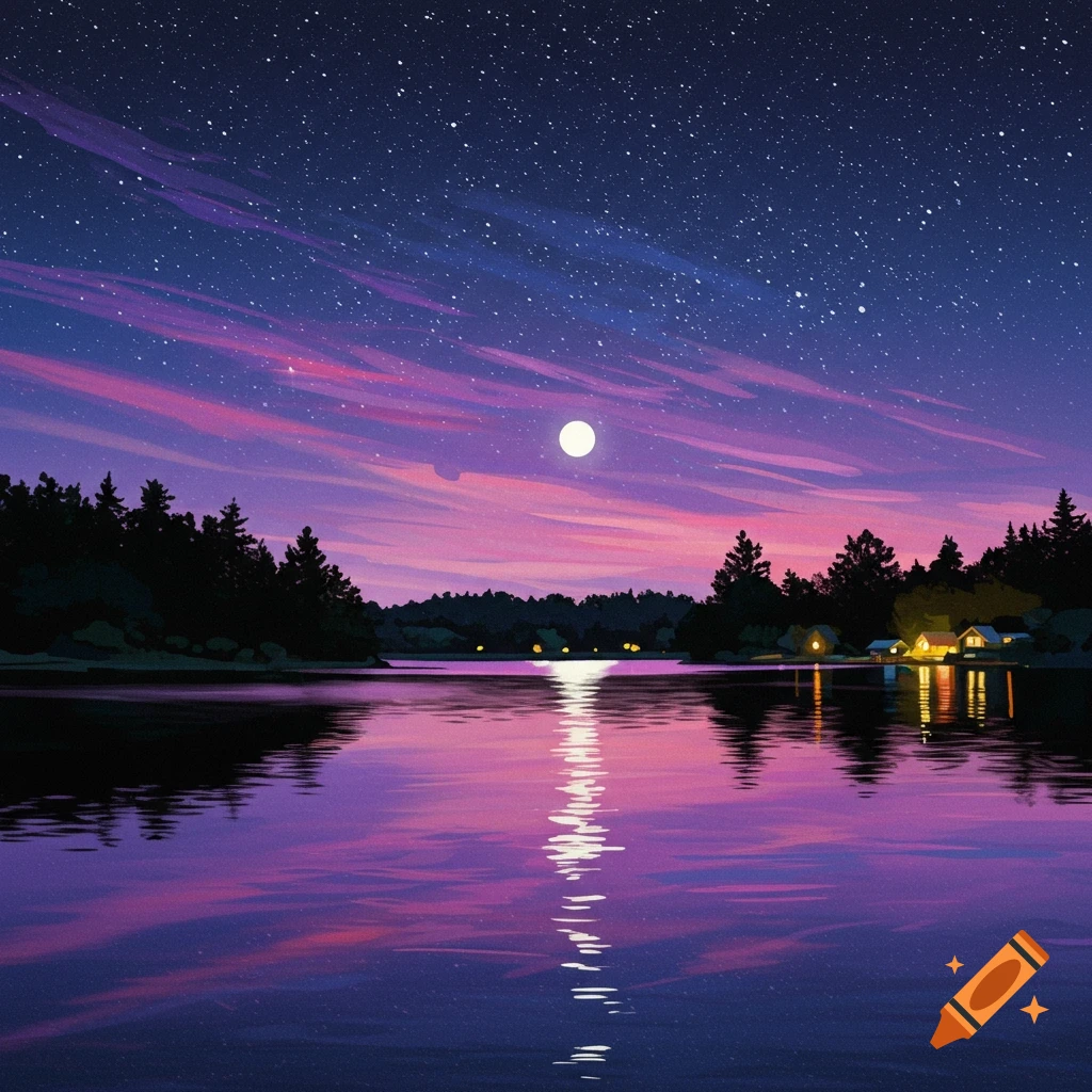 A lake at night with a moon and starry sky reflected in the water.