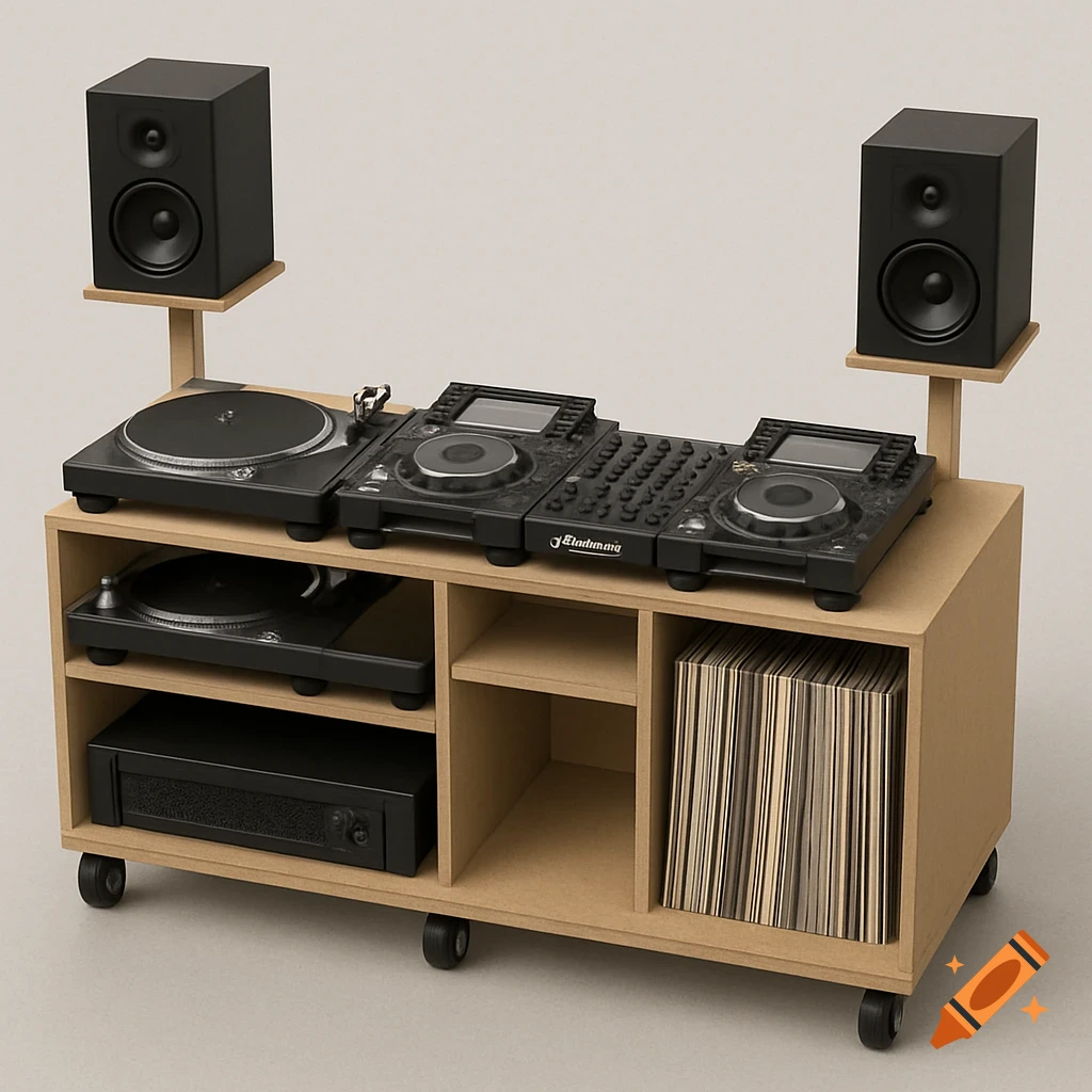 A wooden DJ booth on wheels with turntables, CDJs, mixer, speakers, amplifier, and vinyl records.