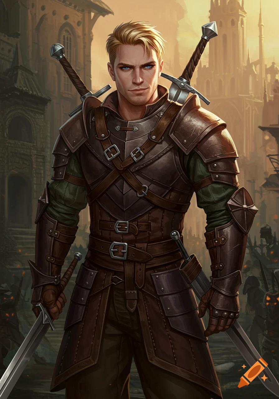 A man in leather armor with swords stands in a medieval fantasy city.