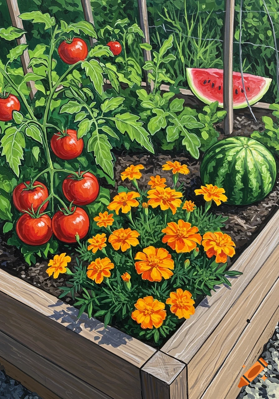 A raised garden bed with ripening tomatoes, orange marigolds, and a whole and sliced watermelon in an illustrative style.