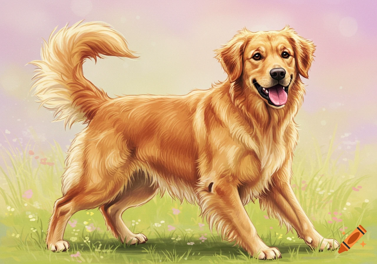 A golden retriever standing in a field