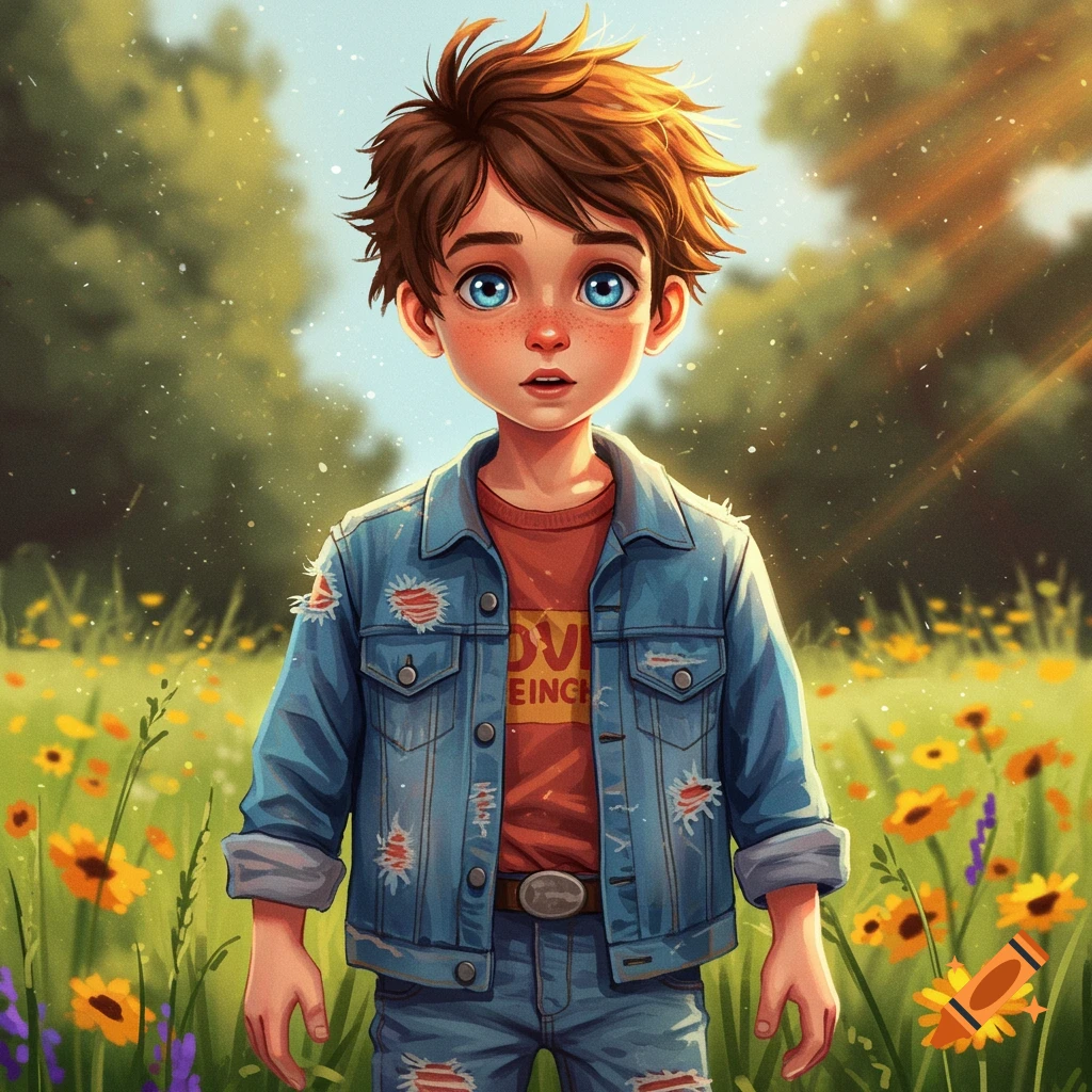 Illustration of a young boy with blue eyes in a meadow with wildflowers.