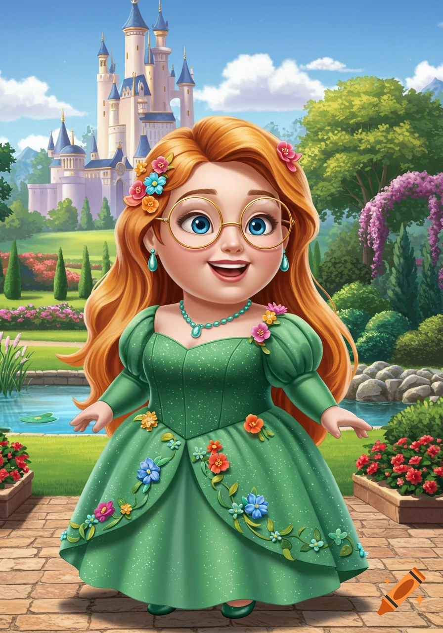 Cartoon girl in green dress and glasses in a garden with a castle