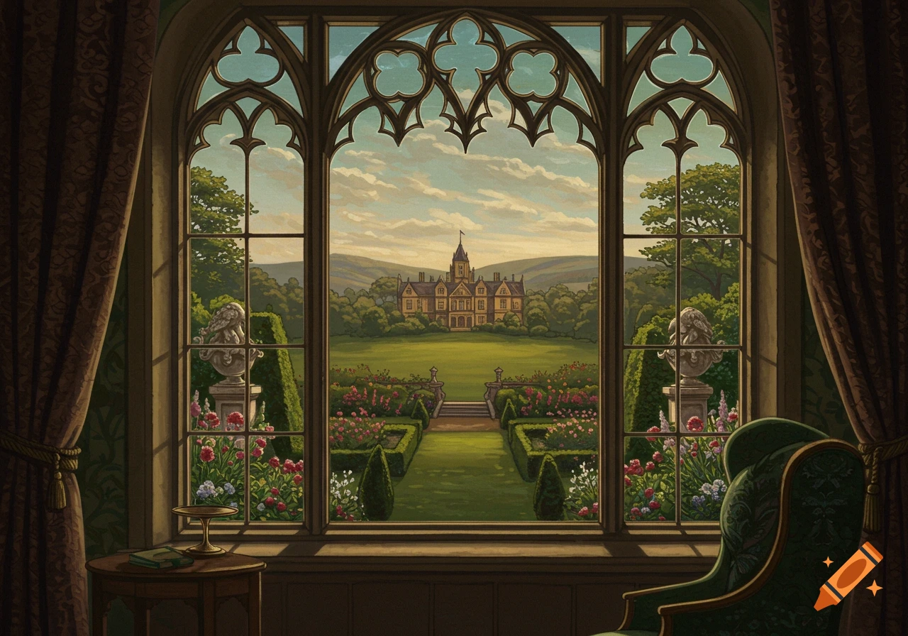 A view through a large gothic window overlooks a sprawling mansion and manicured gardens.