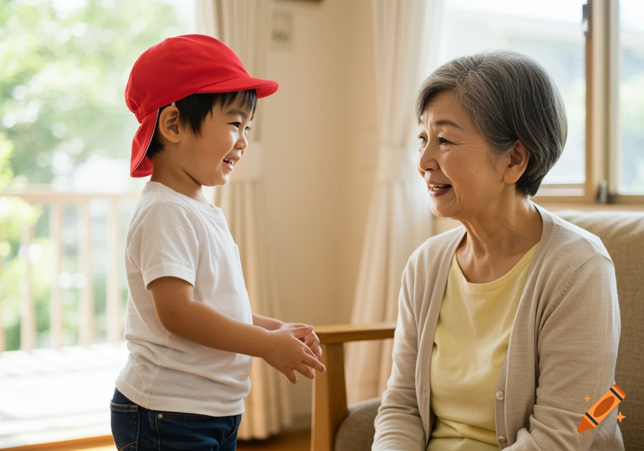 A young boy in a red cap smiling at his grandmother indoors.