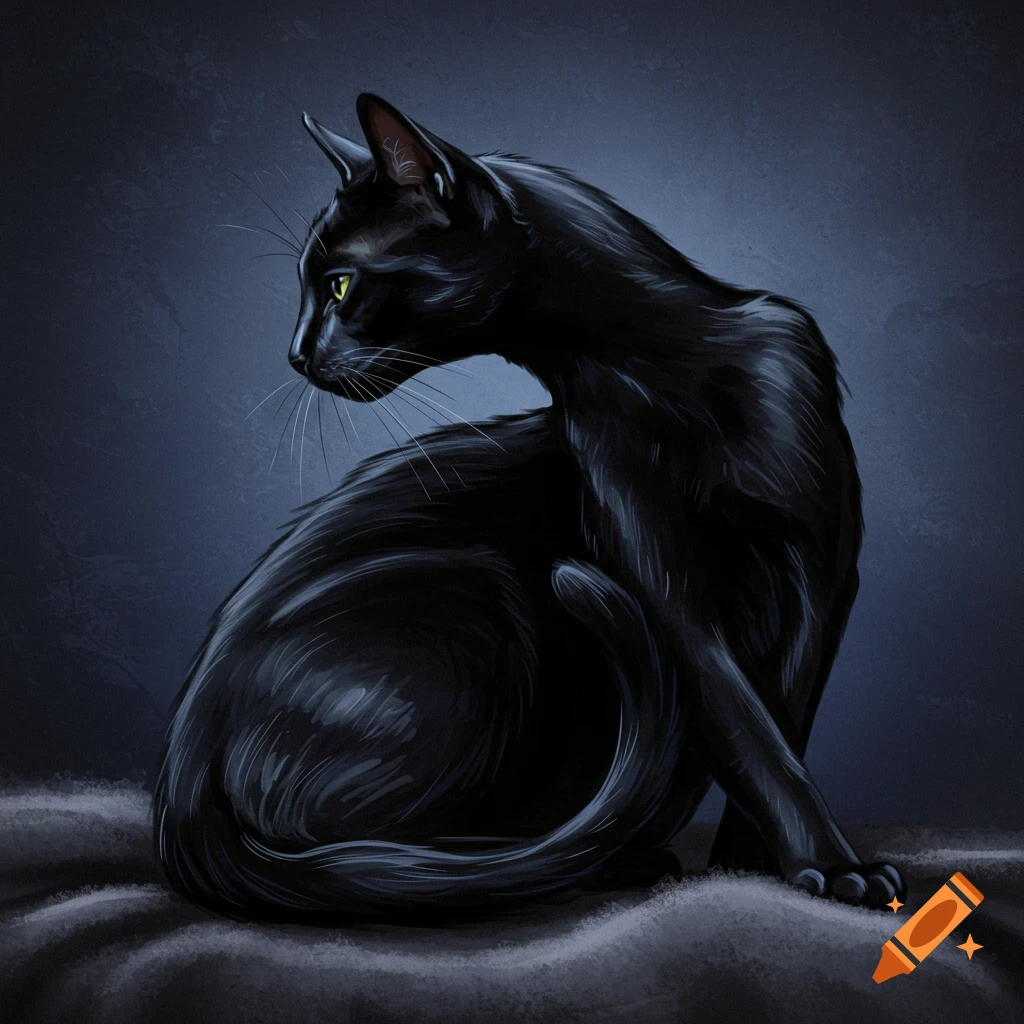 Illustration of a black cat looking over its shoulder in darkness.