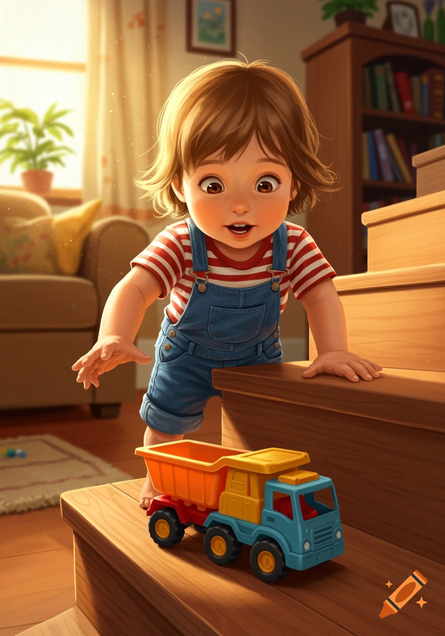 A child on stairs reaches for a toy truck in a sunny living room.