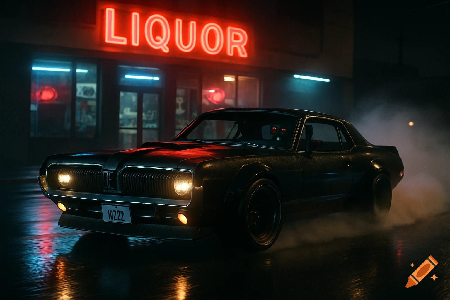 A black 1967 Mercury Cougar drifts on a wet street at night in front of a neon LIQUOR sign.