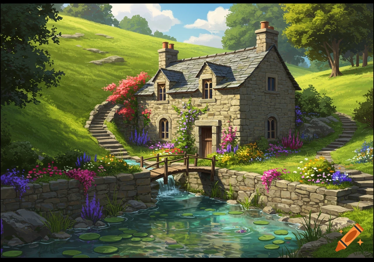 A stone cottage nestled in a green hillside with a stream, bridge, and colourful flowers, digital painting.