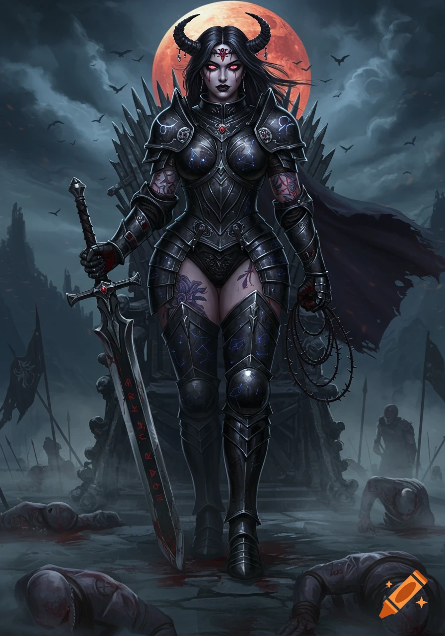 Horned dark fantasy warrior in black armor with a sword on a battlefield under a blood moon.