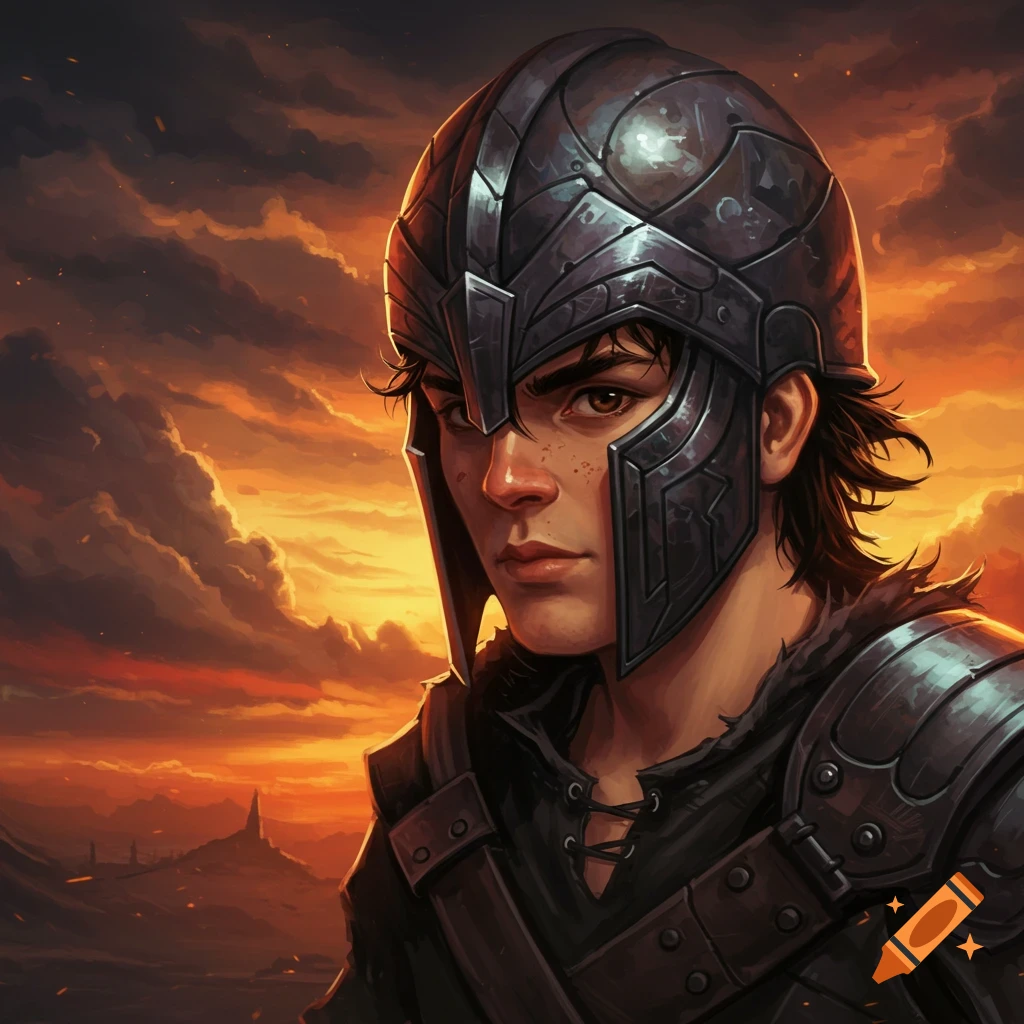 A young man in fantasy armor and helmet is depicted against a sunset sky.