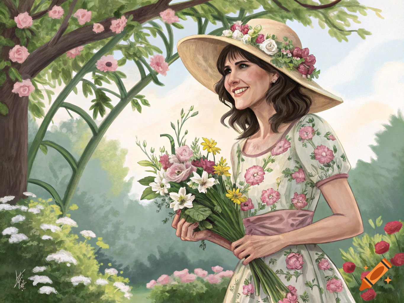 Woman in a floral dress and wide-brimmed hat holding a bouquet of flowers in a garden