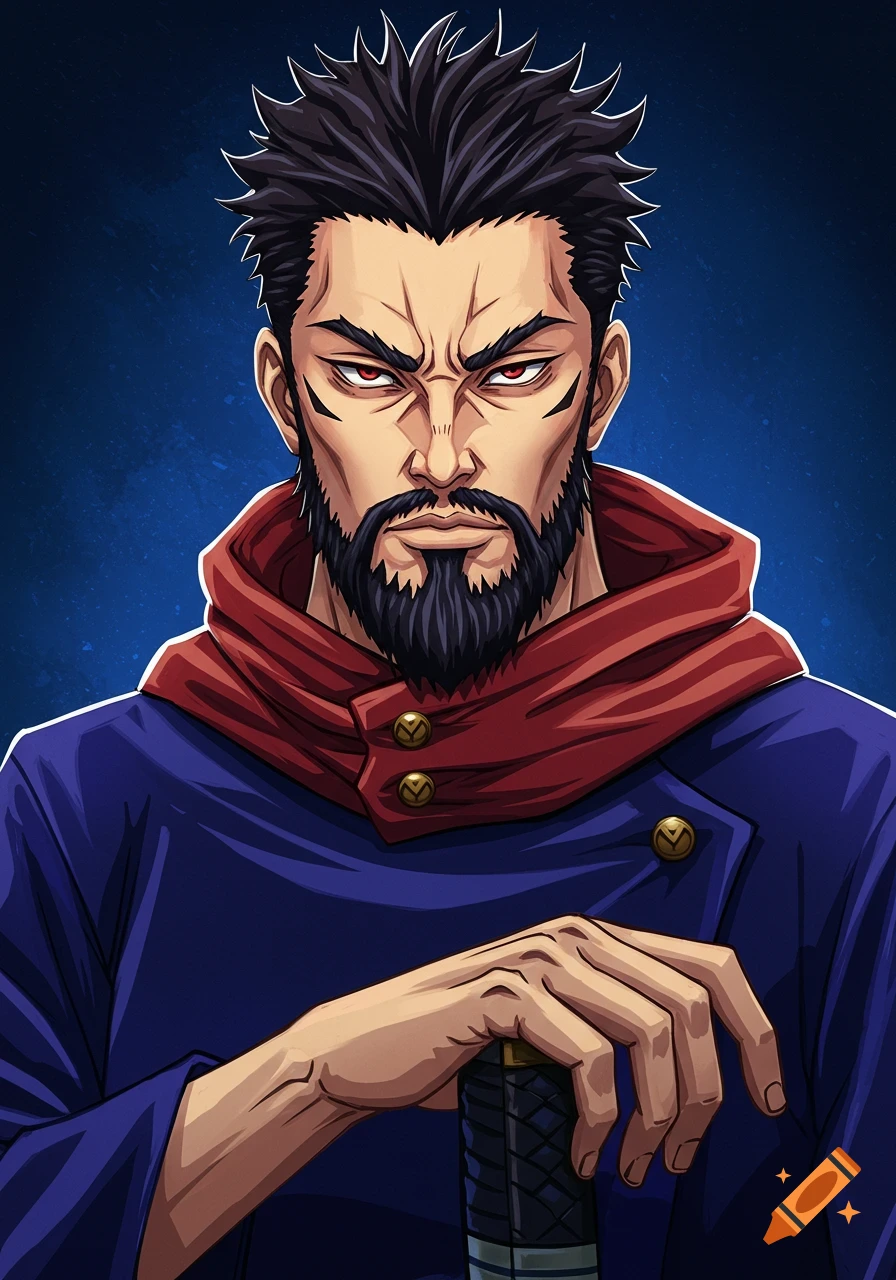 A portrait of a man with a beard, red eyes, and black face markings, wearing a red scarf and blue coat, holding a sword.