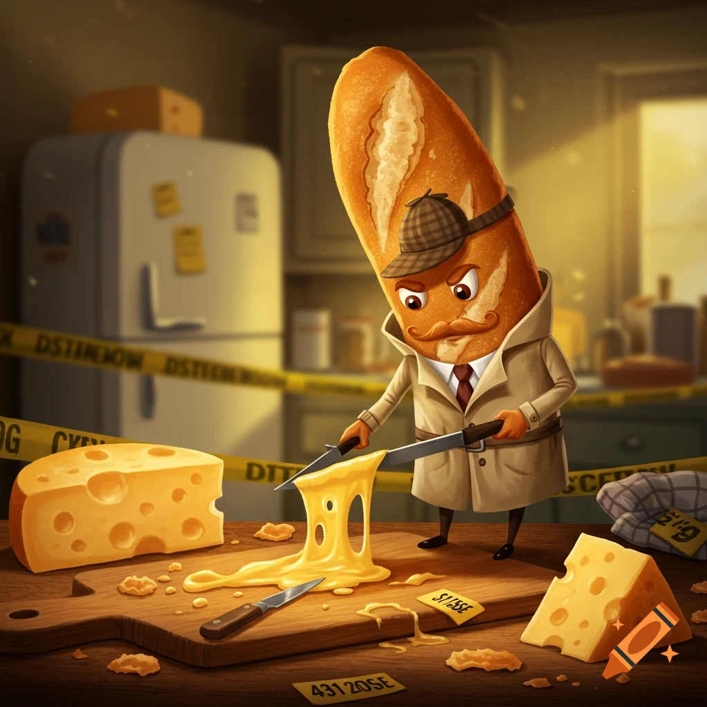 A cartoon baguette detective examines melted cheese on a cutting board at a crime scene with yellow tape.