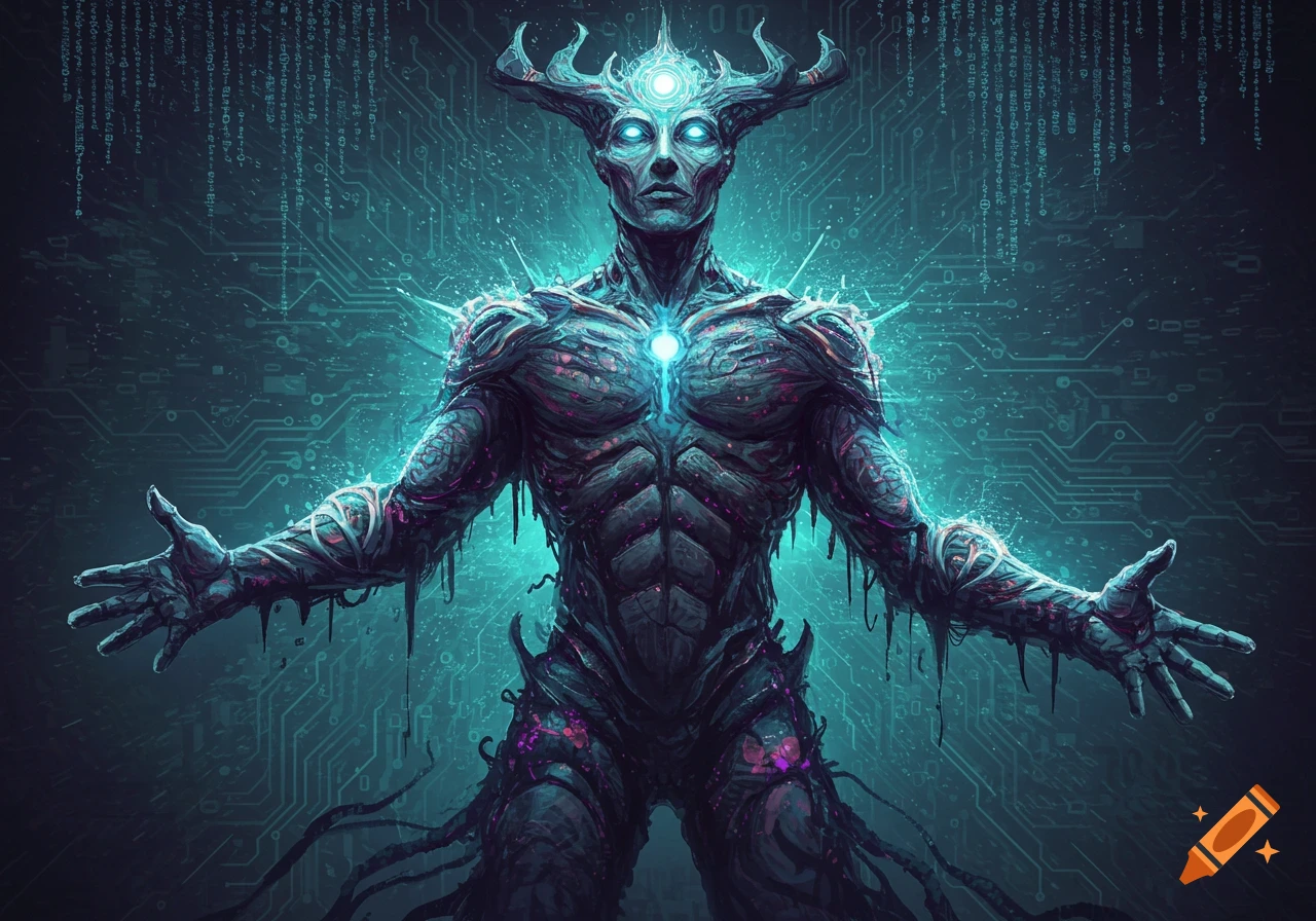 A creature with horns and glowing eyes stands with outstretched arms in front of a circuit board background.