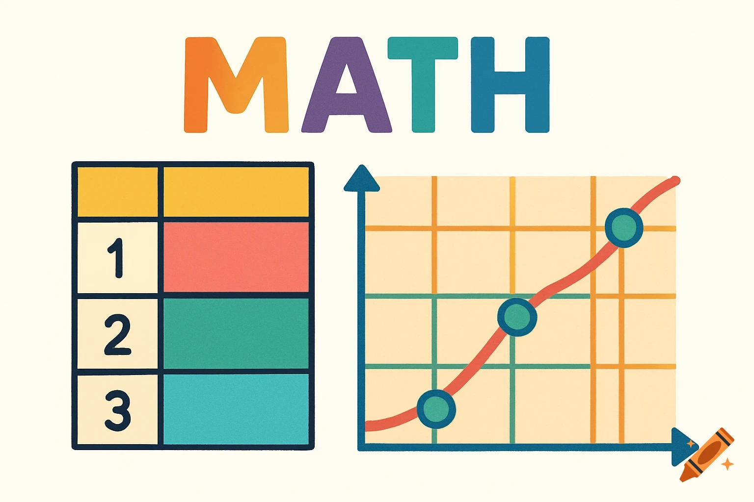 Illustration of a table and a line graph with the word MATH above them.