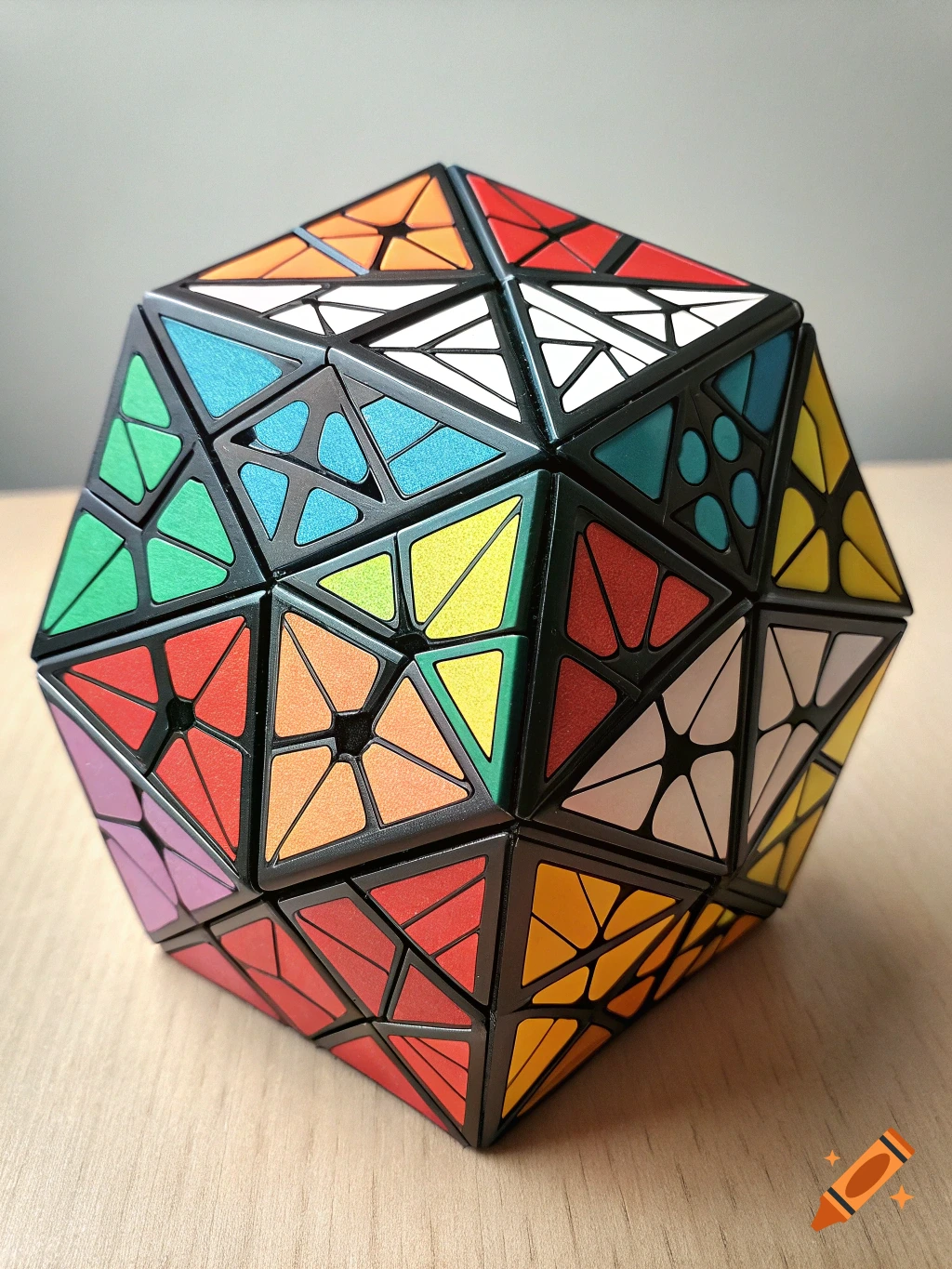 A colorful, complex puzzle cube with triangular pieces, similar to a Megaminx
