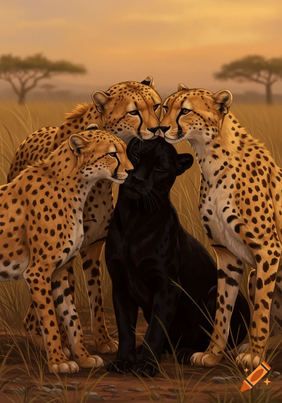 Three cheetahs nuzzle a black leopard in a savanna setting. Digital painting.