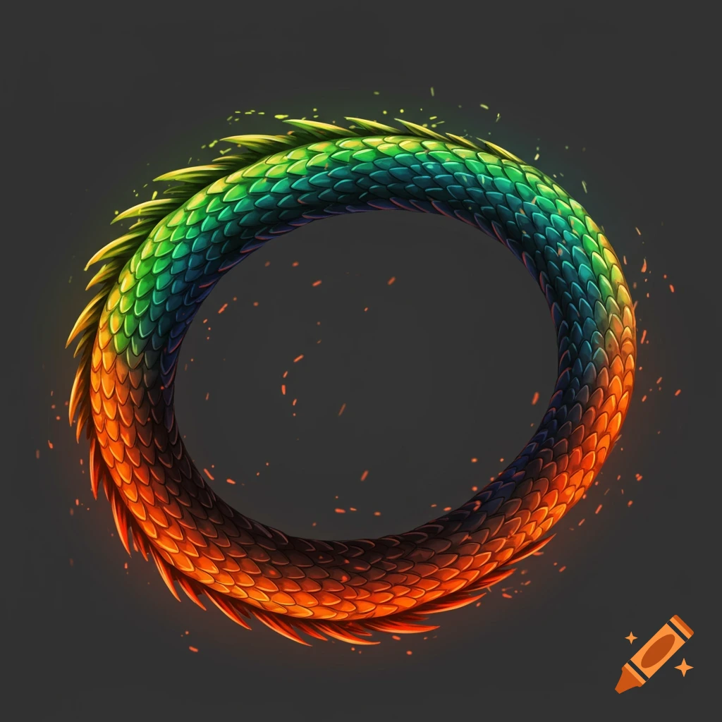 A vibrant, scaly dragon tail curls into a ring, glowing with red, orange, green, and blue colors, surrounded by sparks.