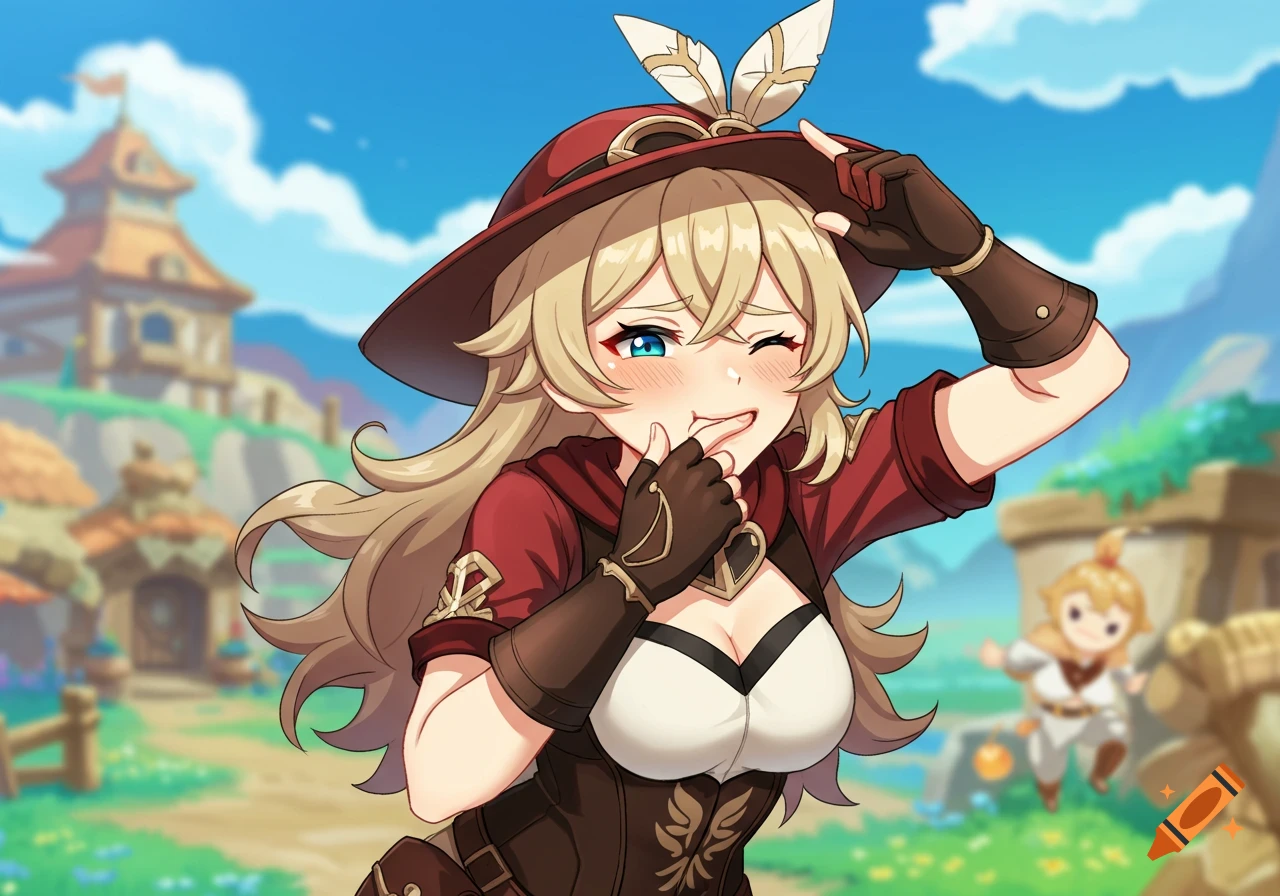 Anime illustration of Amber from Genshin Impact in a red hat, winking and holding her finger under her nose in a fantasy town.