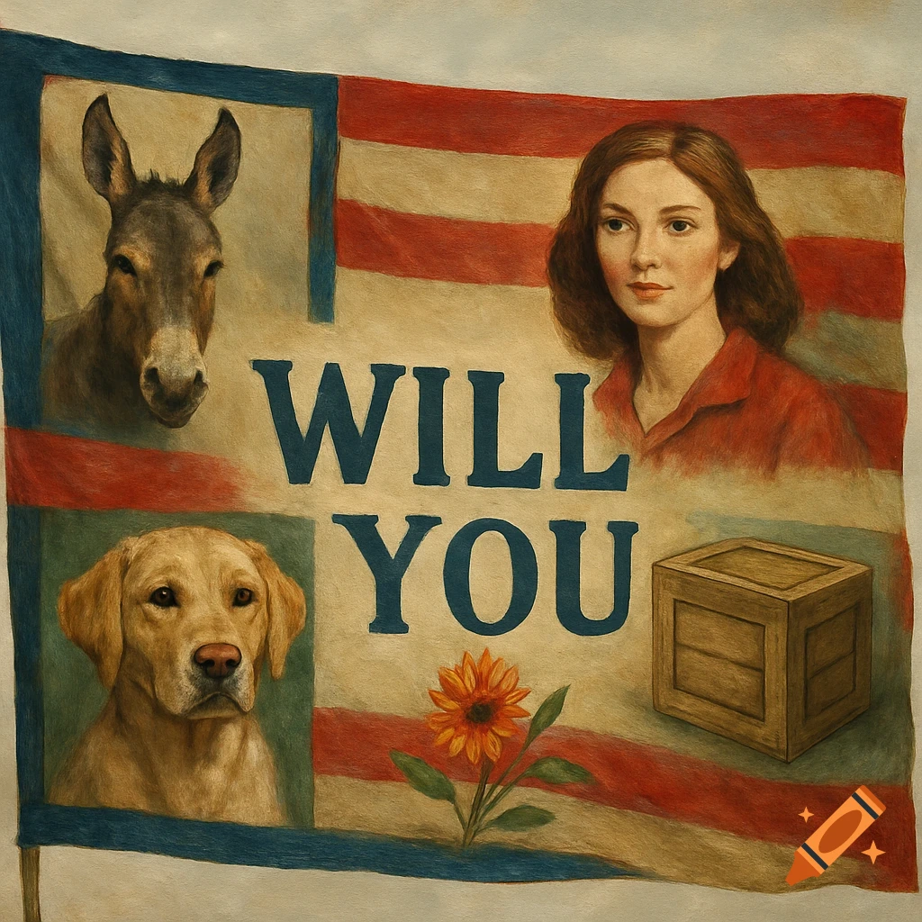 Painted flag with portraits of a donkey, woman, and dog, text 'WILL YOU', a flower, and a crate.