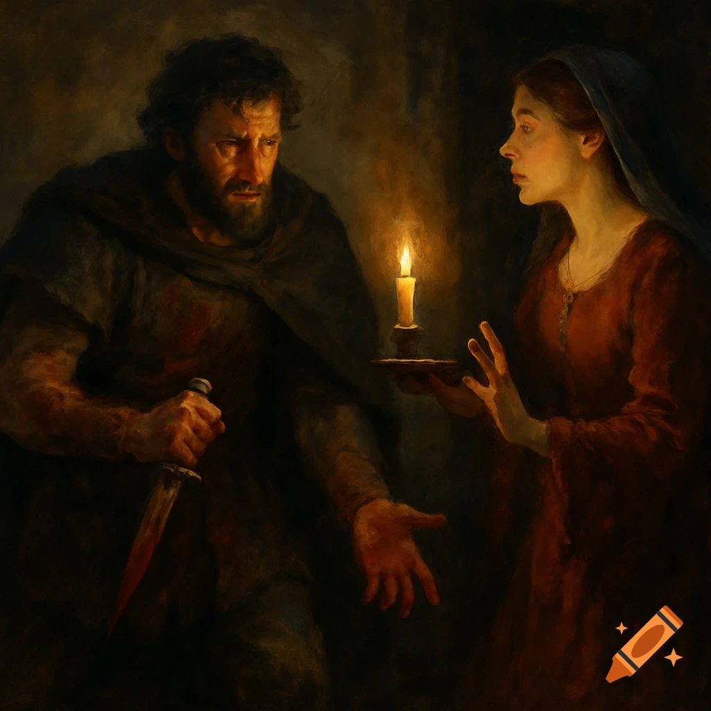 A man with a bloody dagger faces a woman holding a candle in a dark room.