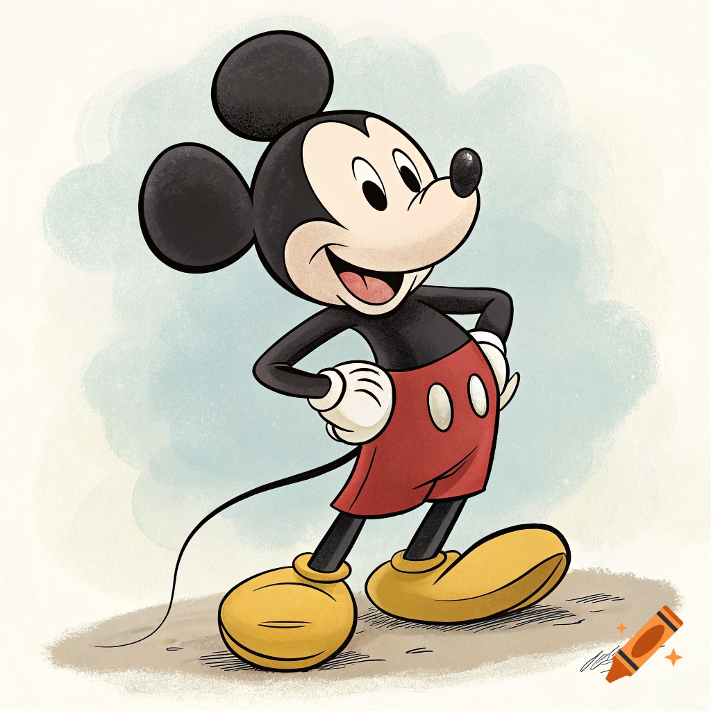 Classic illustration of Mickey Mouse standing with hands on hips, smiling.