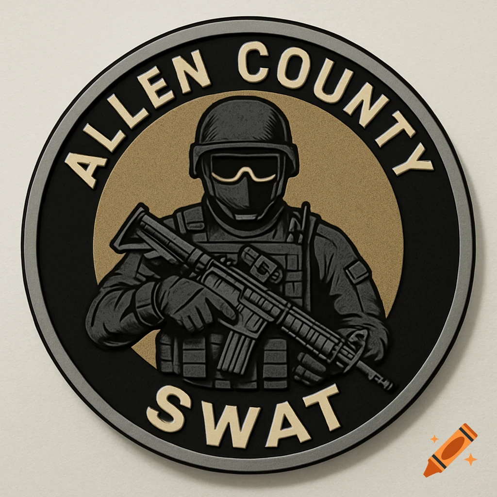 Circular badge or coin design for Allen County SWAT, featuring a stylized officer holding a rifle.