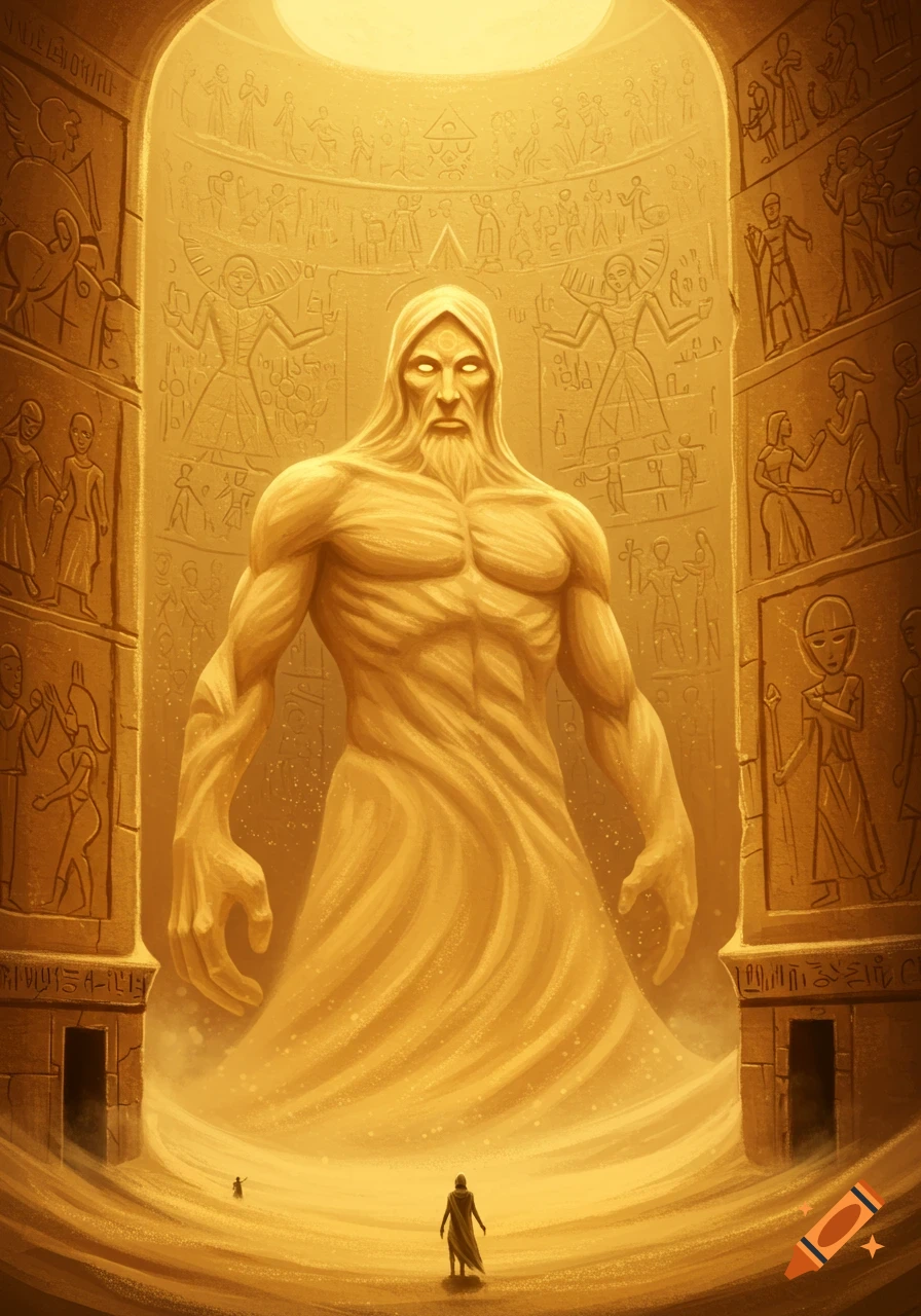 Giant sand figure in a dusty temple with hieroglyph-covered walls, viewed by a tiny person.