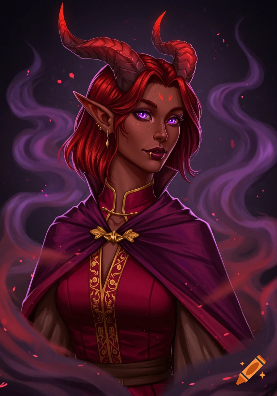 Portrait of a female Tiefling with red hair and horns, wearing a purple cape.