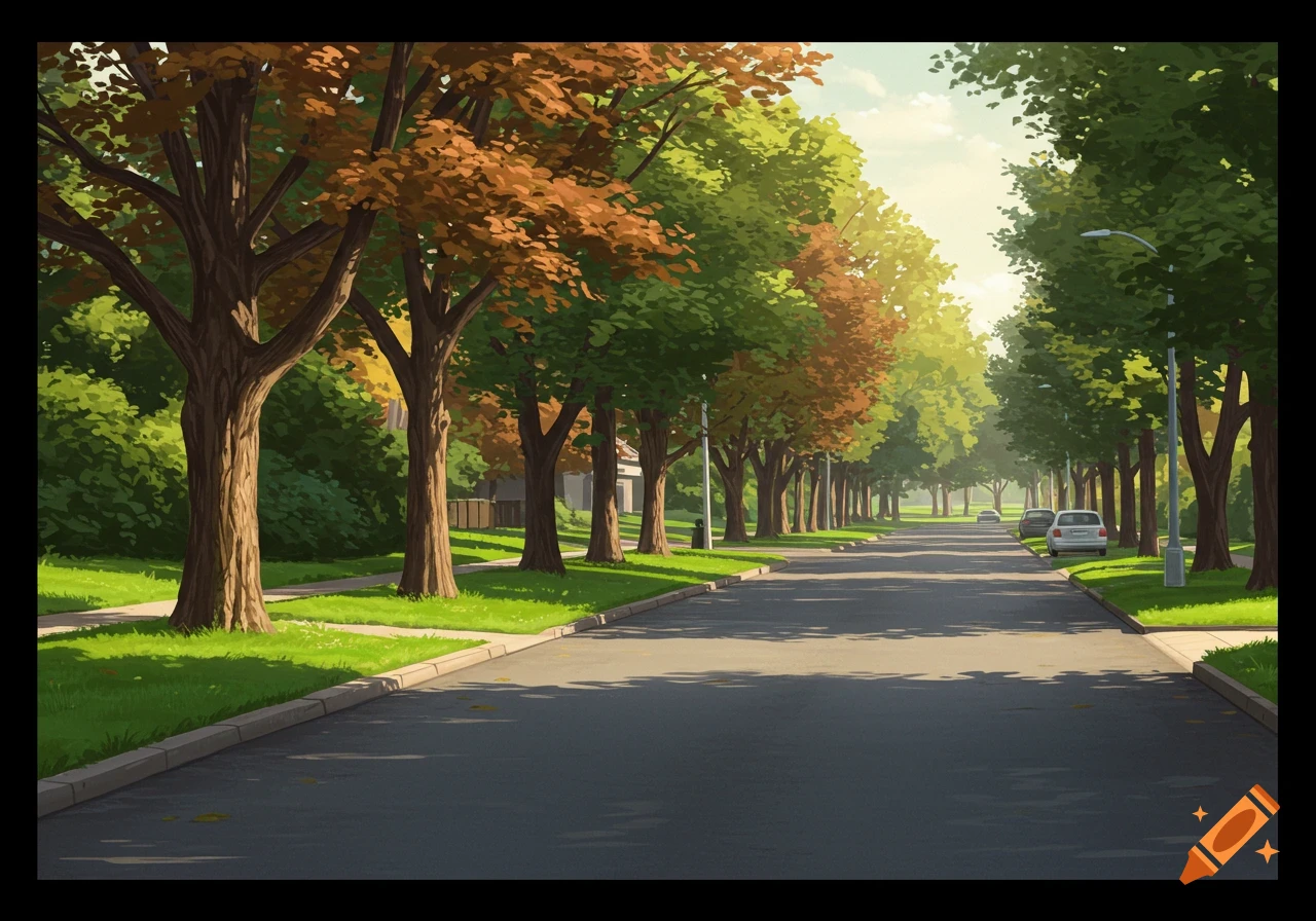 A street lined with trees in varying shades of green and orange, with cars visible in the distance.