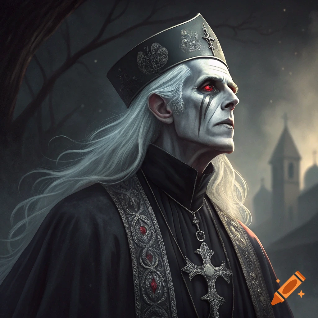 Portrait of a gaunt figure resembling Papa Emeritus with white hair, red eyes, and dark religious attire against a dark background.
