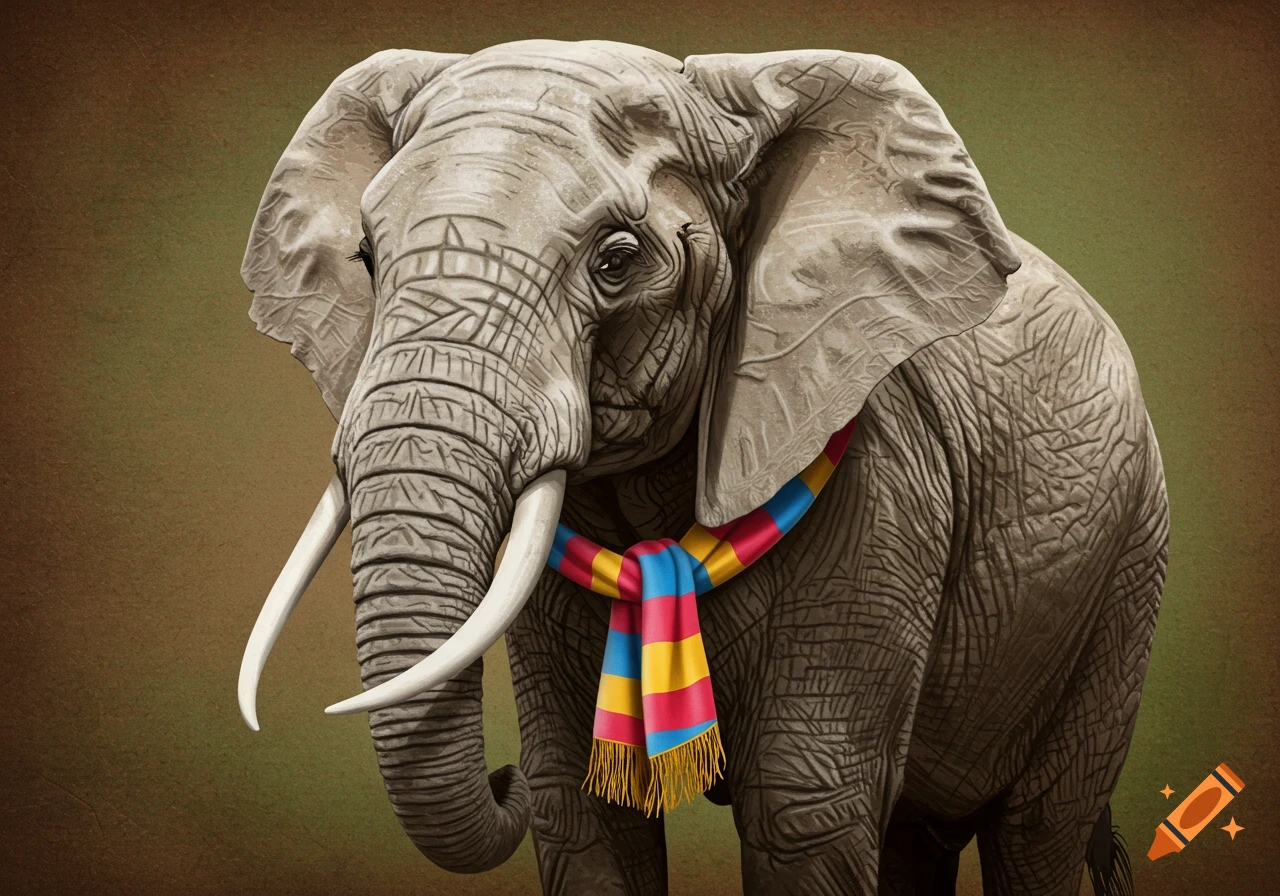 An elephant wearing a colorful striped scarf.