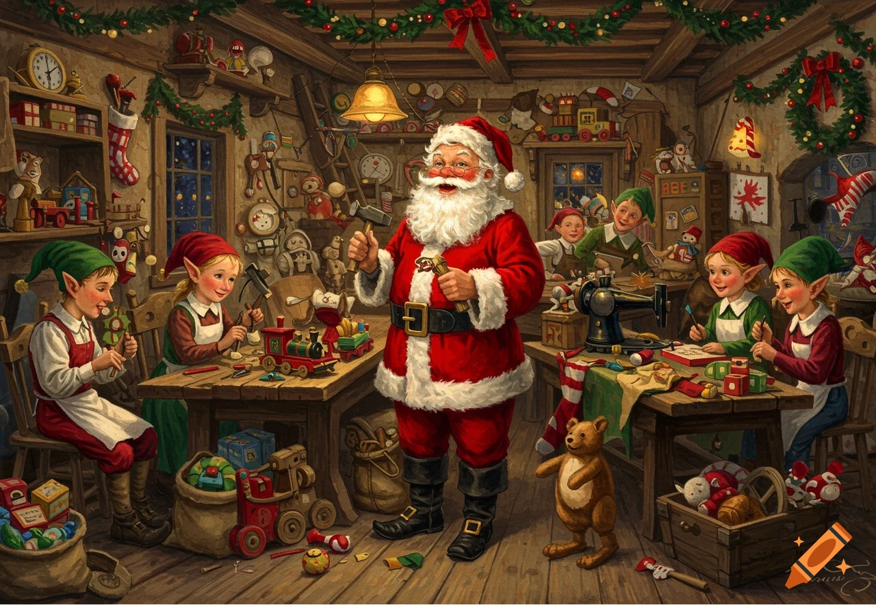 Santa and elves in a bustling toy workshop, making toys in a classic oil painting style.
