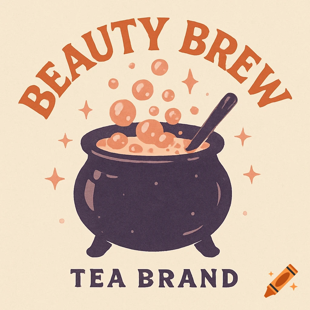 Logo illustration of a bubbling cauldron with the text 'Beauty Brew' and 'Tea Brand'.