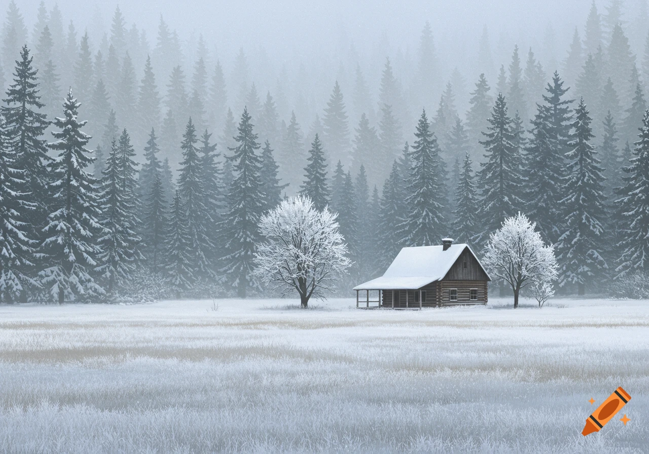 A snow-covered cabin sits in a field surrounded by a pine forest.