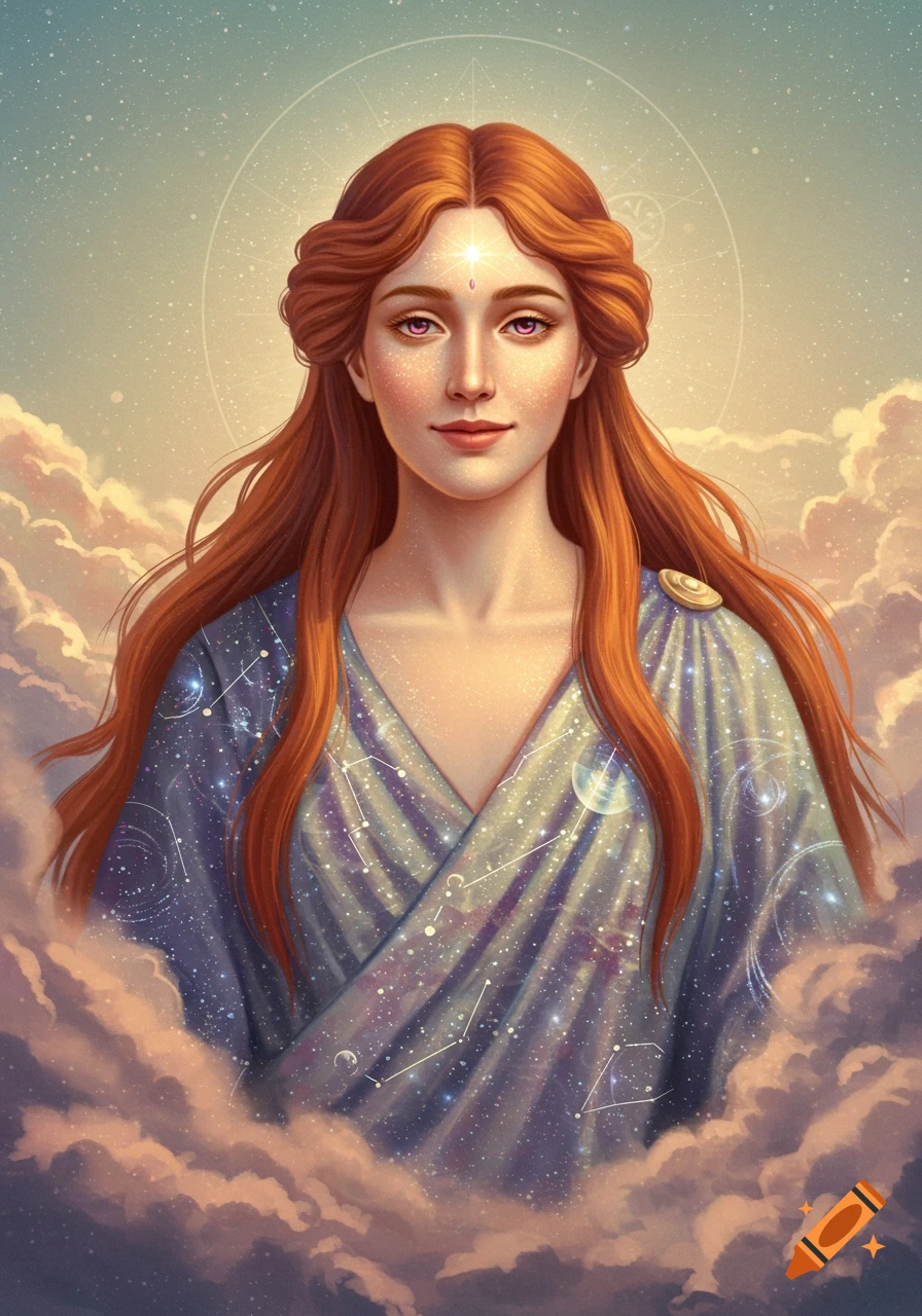 A red-haired goddess in a celestial dress stands among clouds and stars.